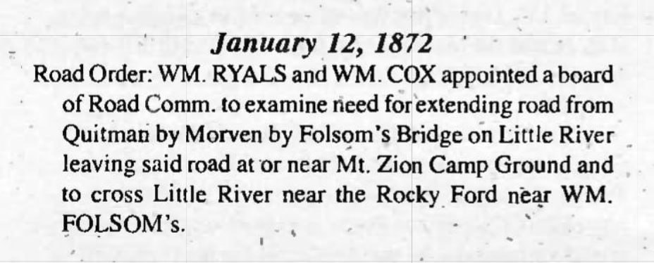 January 12, 1872 road-order abstract naming Rocky Ford near William Folsom