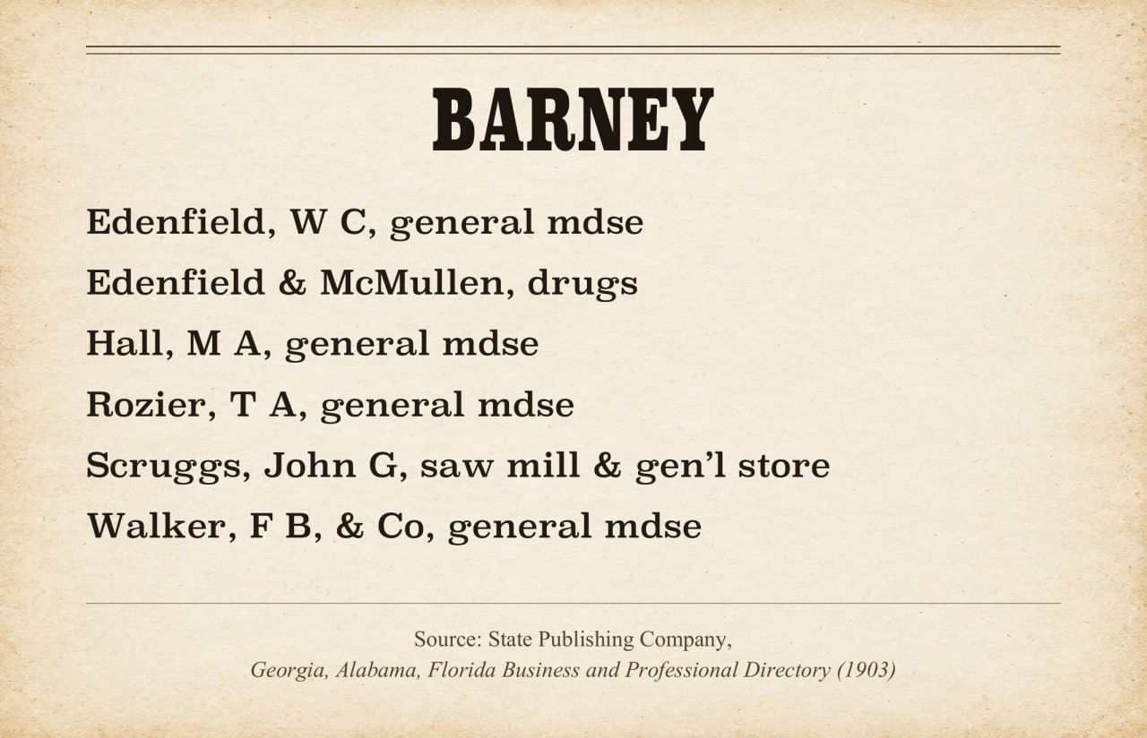 1903 business directory listing six businesses in Barney, Georgia