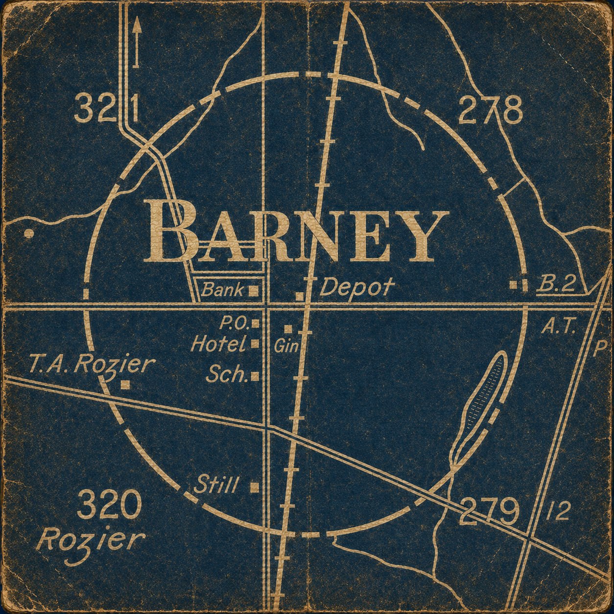 Detail from the 1908 Brooks County map showing Barney at the common corner of Land Lots 278, 279, 320, and 321