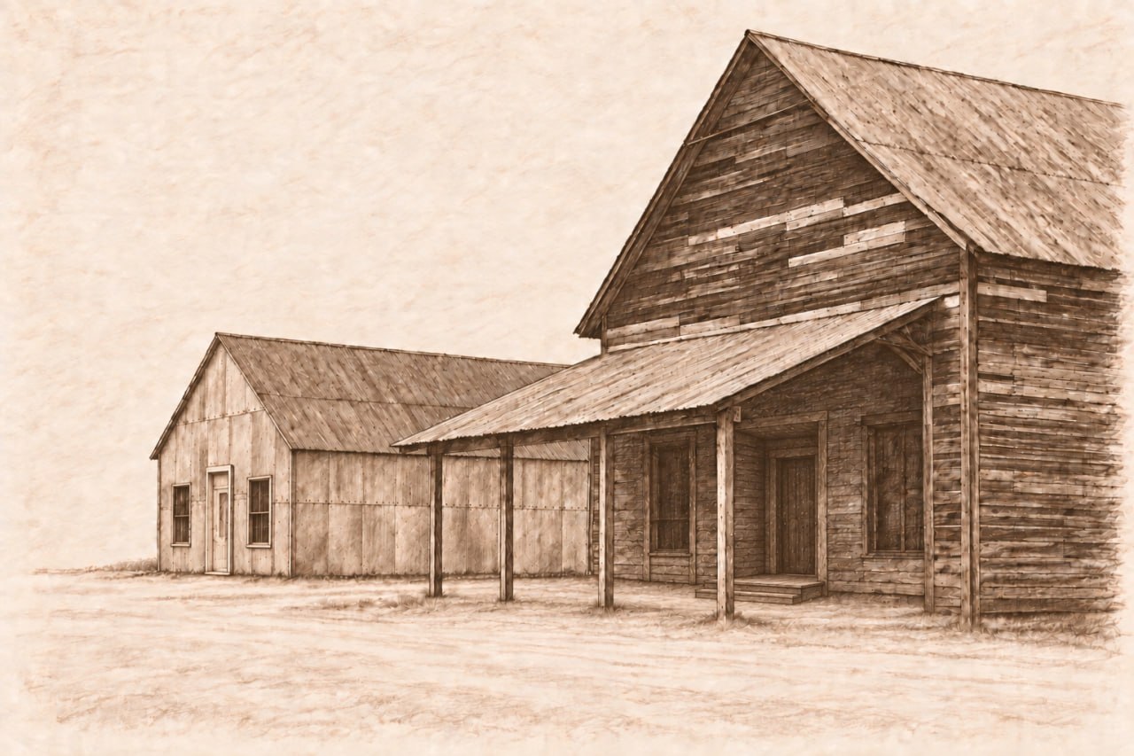 AI reconstruction of the Foster commissary building at left and the mercantile building later occupied by J. I. Moody's business at right