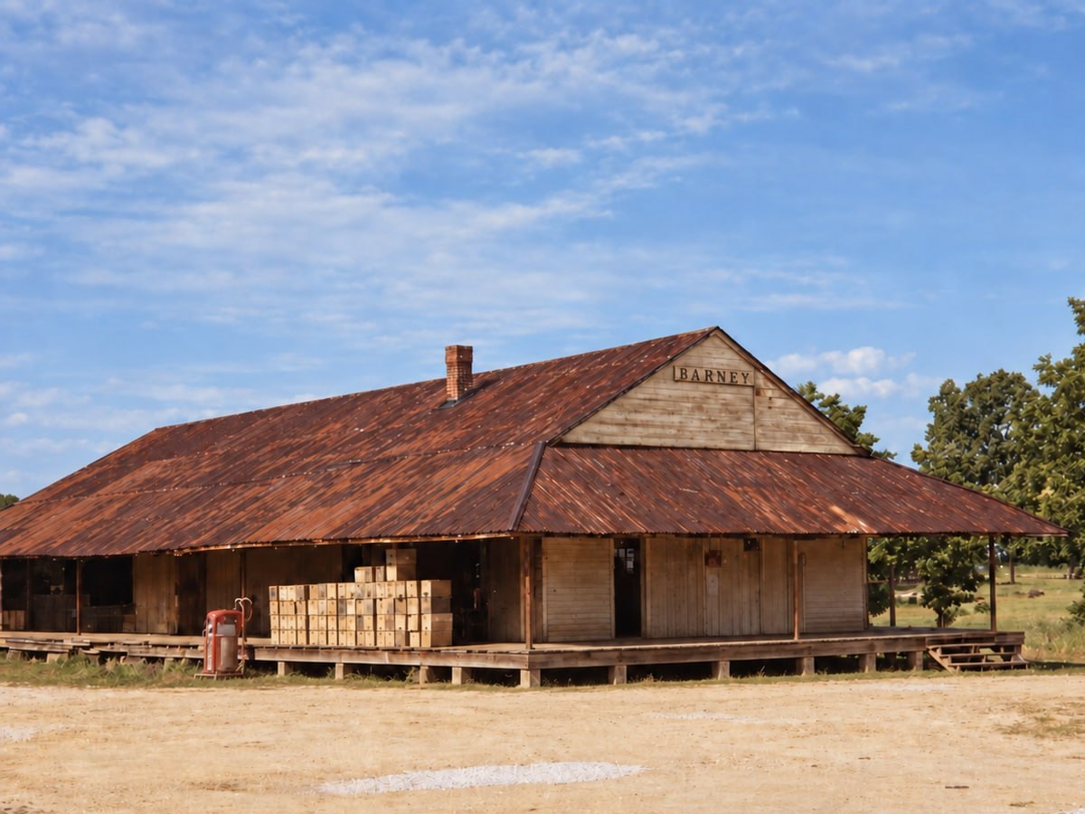 AI-enhanced view of the Barney railroad depot circa 1971