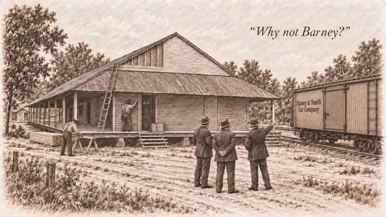 AI reconstruction of the traditional Why not Barney naming story at the railroad depot