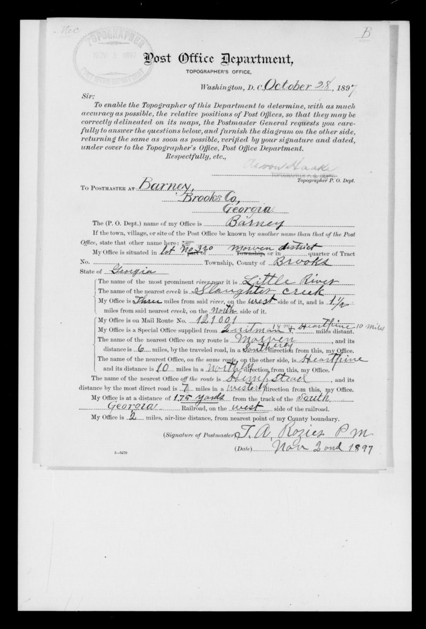 October 1897 Post Office Department application for the Barney, Brooks County, Georgia post office