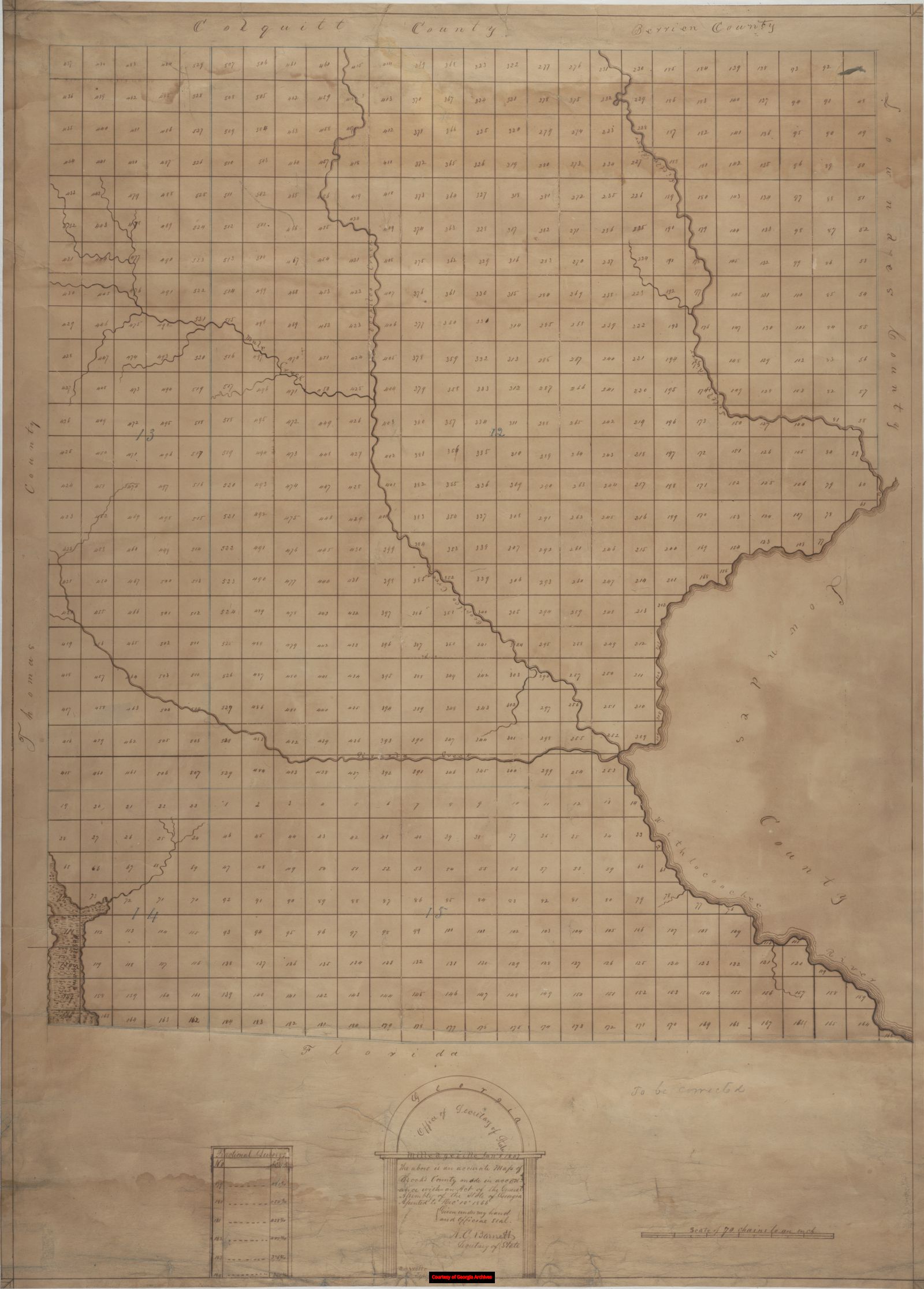 1867 Georgia Archives map of Brooks County showing land lots and county boundaries