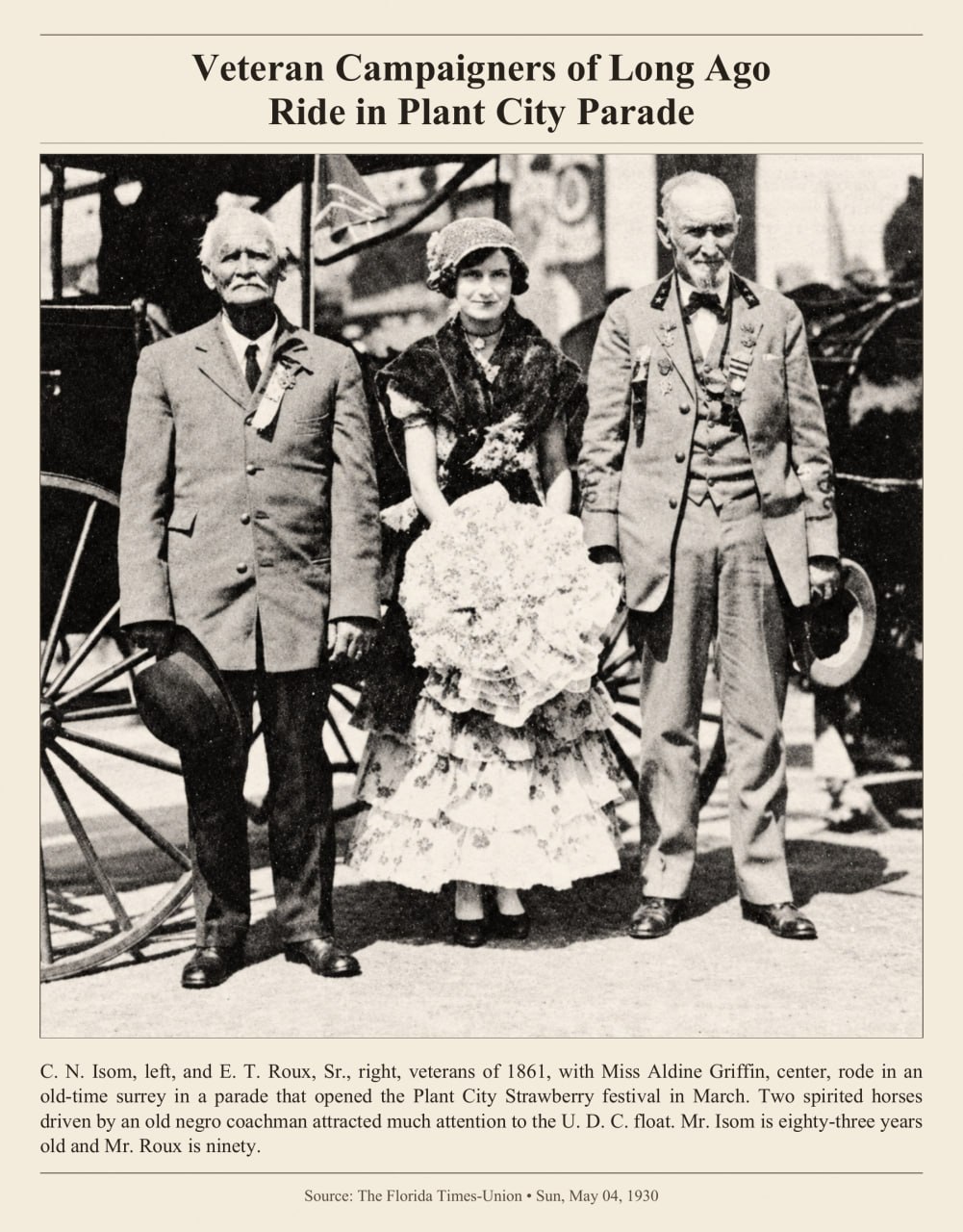 Charles Nelson Isom, left, with Aldine Griffin and E. T. Roux Sr. at the 1930 Plant City Strawberry Festival