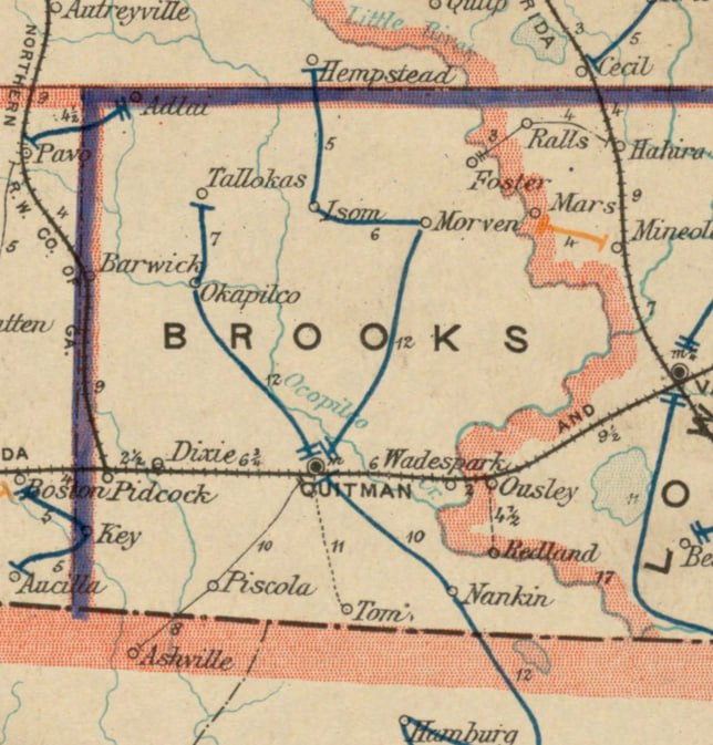 1895 post-route map showing Foster near Morven and Little River