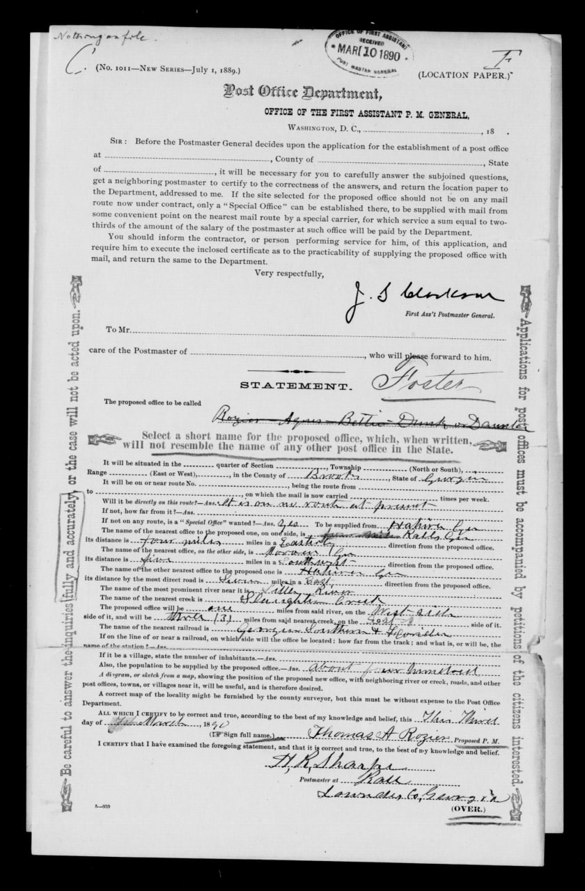 Statement page from the 1890 Foster post-office location paper