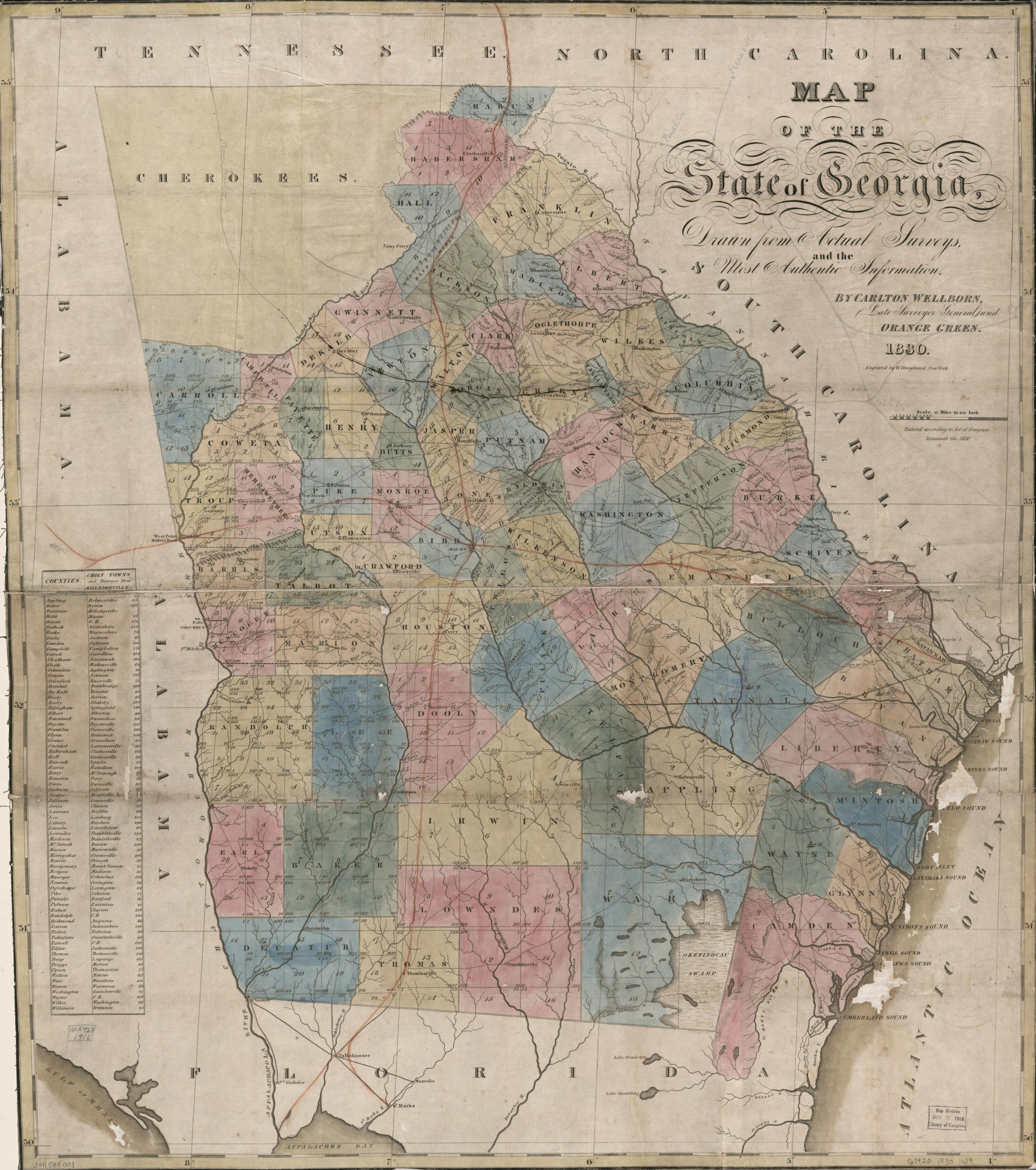 1830 map of Georgia showing Lowndes and Thomas counties, land districts, and numbered land lots before Brooks County was created