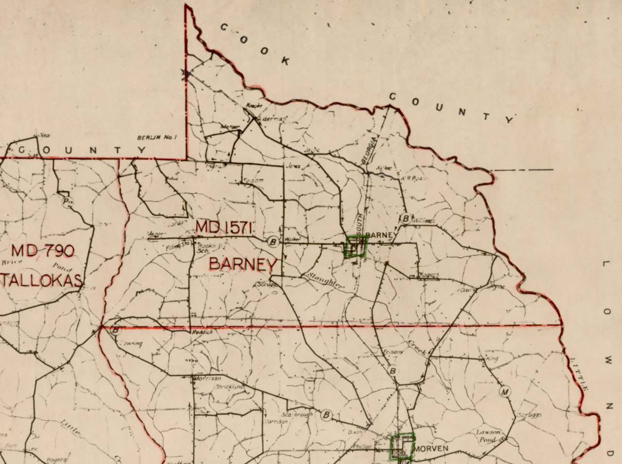 Map detail showing Brooks County Militia District 1571 around Barney