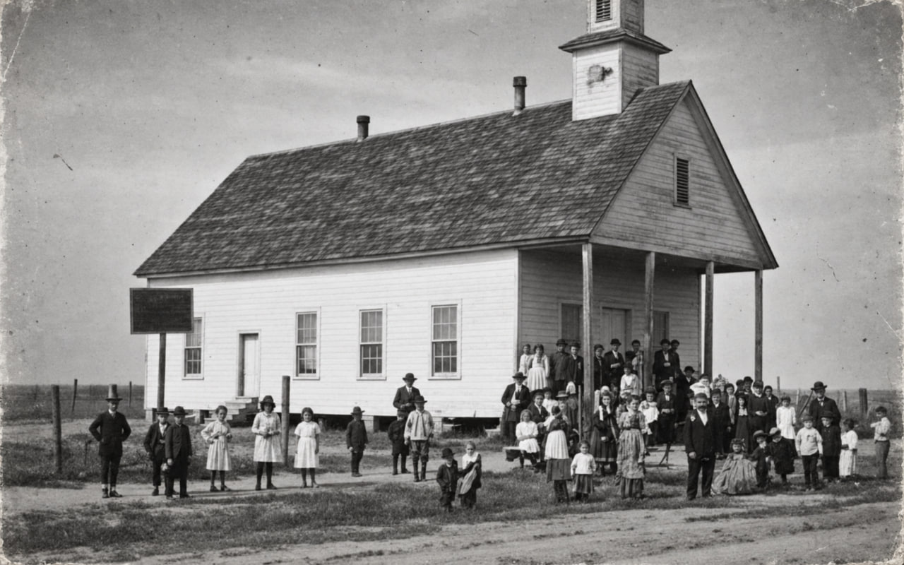 AI-enhanced version of a historical photograph of the original Barney school building
