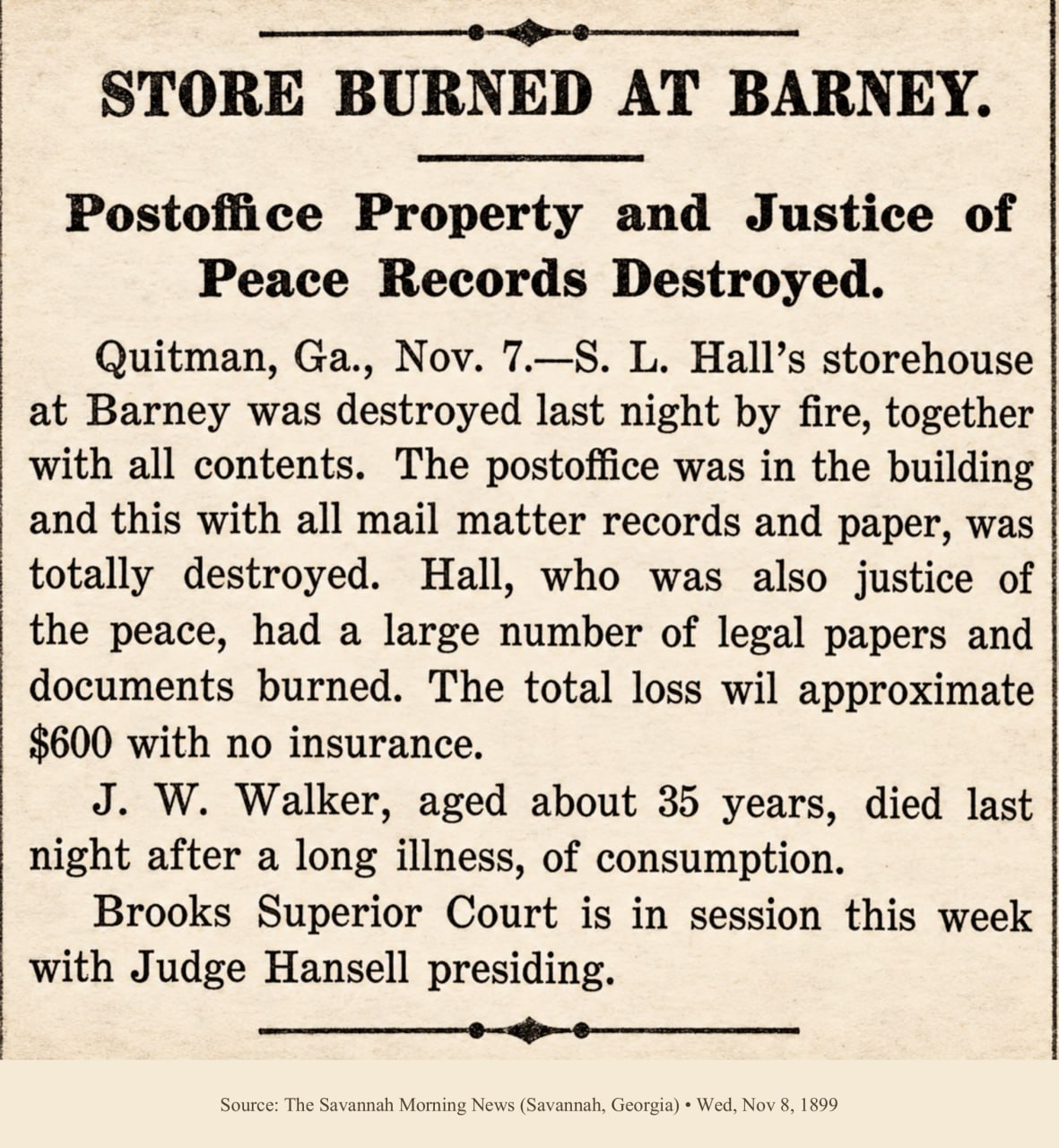 Newspaper clipping headed Store Burned at Barney reporting the destruction of S. L. Hall's store, the post office, and justice-of-the-peace records