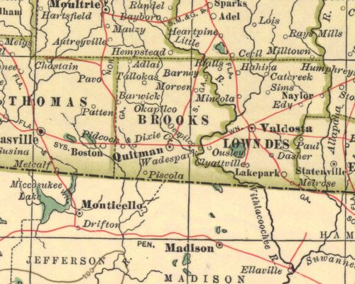 1897 railroad map detail showing the route from Quitman through Morven and Barney toward Heartpine