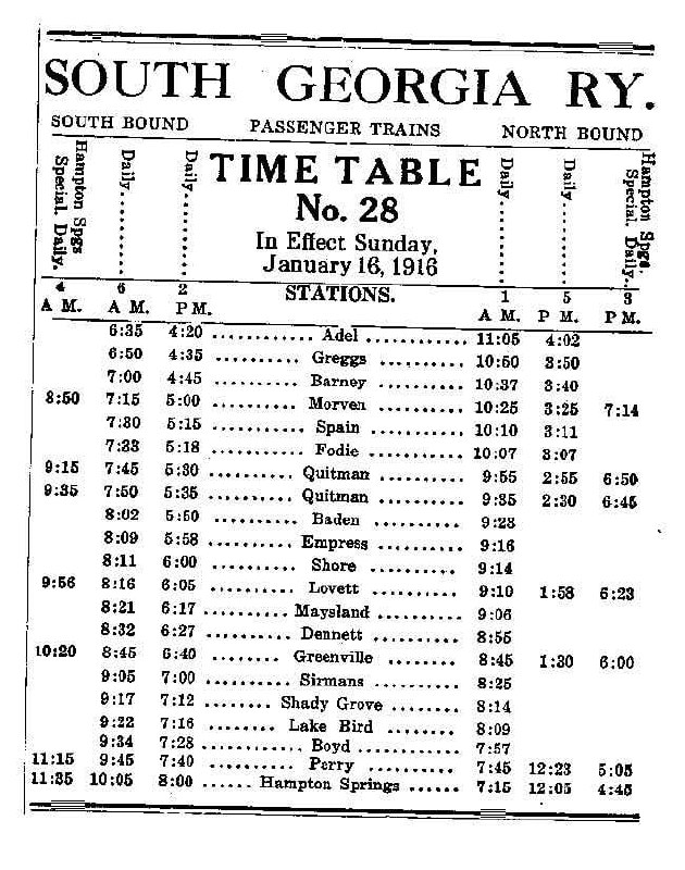 South Georgia Railway timetable number 28, effective January 16, 1916, listing Barney