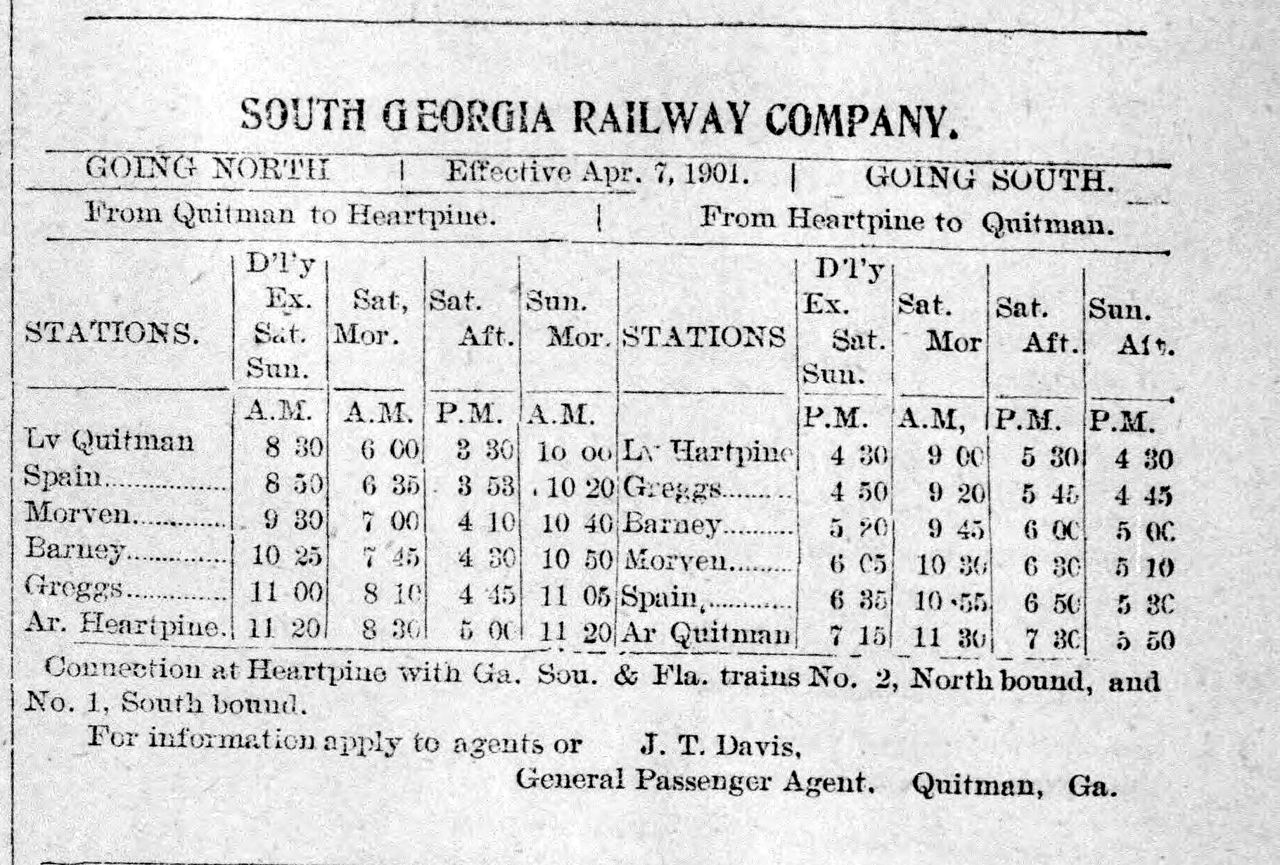 South Georgia Railway timetable published in September 1901, listing Barney between Morven and Greggs