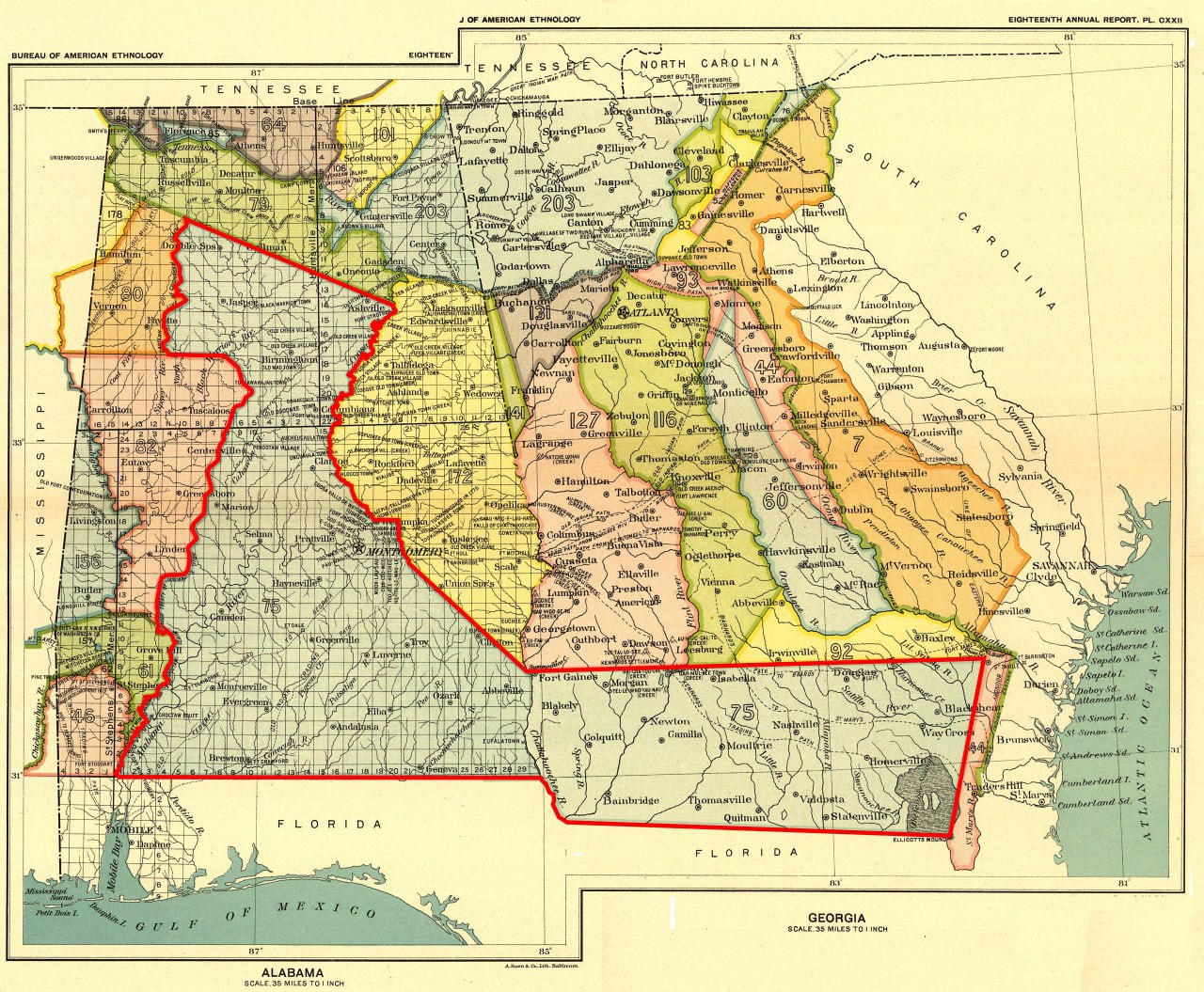 Annotated historical maps of Alabama and Georgia outlining the territory ceded by the Creek Nation under the Treaty of Fort Jackson