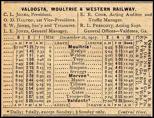 Valdosta, Moultrie and Western Railway timetable effective December 16, 1917