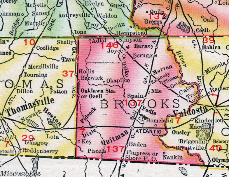 Rand McNally 1911 map of Brooks County showing the Valdosta, Moultrie and Western and South Georgia railways