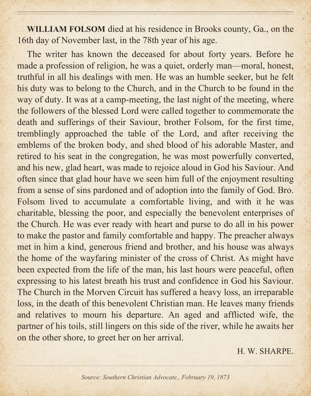 Modern typeset transcription of H. W. Sharpe's obituary of William Folsom, published February 19, 1873